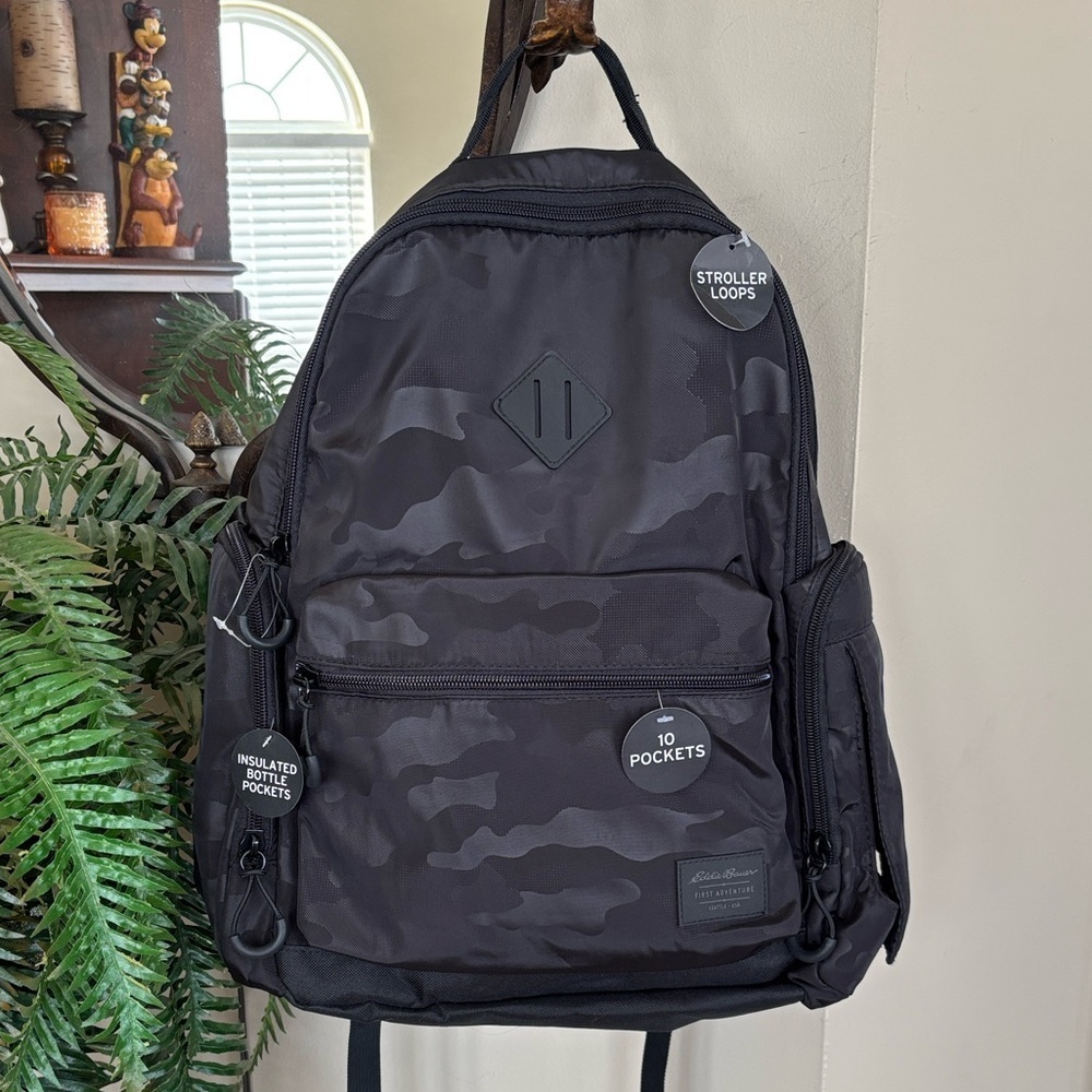 Brand New Eddie Bauer Valley Backpack Mens Diaper Bag Black Camo Changing Pad
